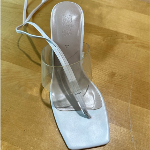 Zara White Heeled Leather Lace-Up Sandals Size 6.5 - Picture 3 of 10